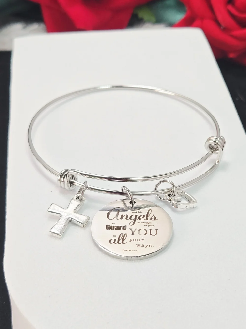 Guardian Angel Scripture Bangle Bracelet Cross Heart Christian Inspirational